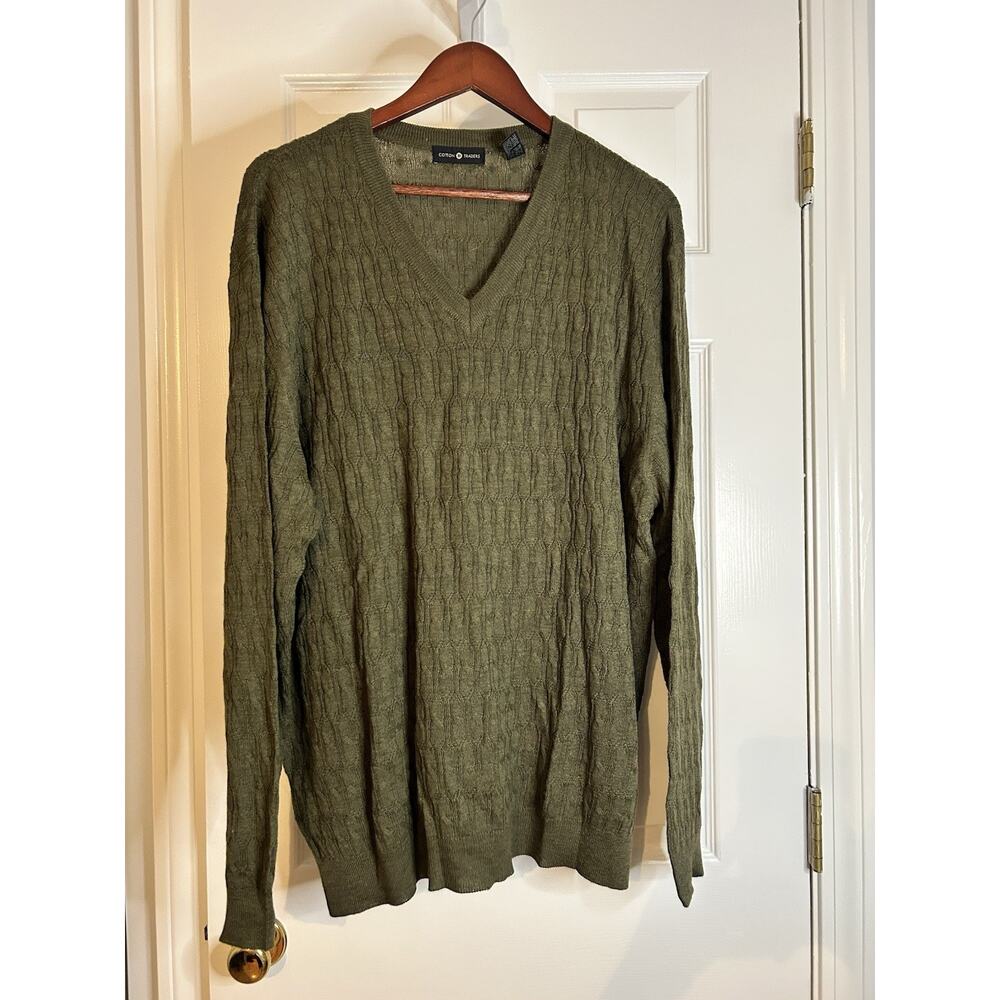 Cotton Traders Men’s XL Green Wool Blend Cable Knit V-Neck Sweater Made in Italy